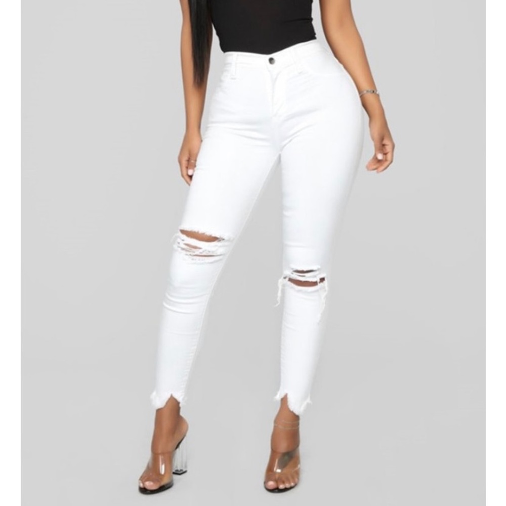 Summer White Light Denims With Scalloped Straight Legs